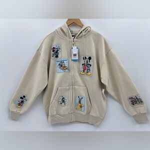 Disney Mickey Friends Winter Wonderland Zip Hoodie Women L Ivory Multipatch NWT